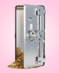 A phone in the form of a safe. Mobile bank. 3D illustration.