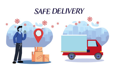 messenger and truck carrying packages through the city with security protocols