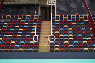 Fotobehang Gymnastiek Gymnastic rings on gymnastic competition hall. Empty gymnastic rings  © Gecko Studio