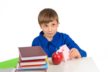 child development, origami: a schoolboy boy in a blue T-shirt sits at the table and plays with an elephant from paper, next to a stack of textbooks and a red apple