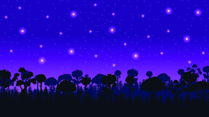 Fototapeta na wymiar Night Sky Gradient Background Vector Silhouette With Trees And Stars Vector Design Style