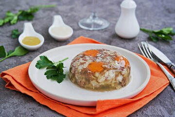 Cold appetizer, portioned jelly of pork, beef and chicken on a white clay plate on a gray concrete background. Holiday snacks for New Year. Russian cuisine.