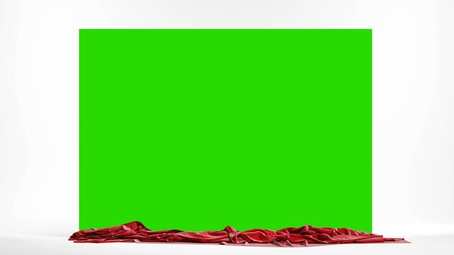 Presentation pedestal with a red silk cloth. Falling curtains with green chroma key, 4k