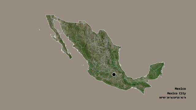 Yucatán, state of Mexico, with its capital, localized, outlined and zoomed with informative overlays on a satellite map in the Stereographic projection. Animation 3D