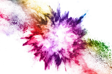 abstract powder splatted background. Colorful powder explosion on white background. Colored cloud. Colorful dust explode. Paint Holi.