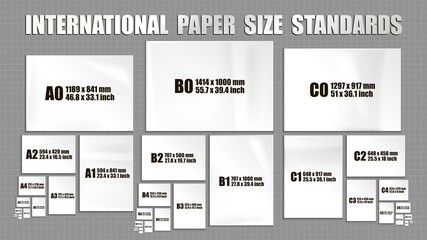 Full set of international ISO format standards of paper sheets series A, B, C. Mock up of realistic white paper pages in different sizes