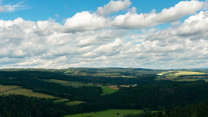 summer landscape, cloudy blue sky and green fields with forests