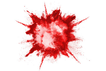 Freeze motion of red powder exploding, isolated on white background. Abstract design of red dust cloud. Particles explosion screen saver, wallpaper