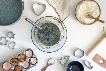 The process of making homemade poppy seed cake step by step, ingredients and preparation. Top view, flat lay