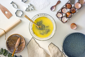 The process of making homemade poppy seed cake step by step, ingredients and preparation. Top view,...