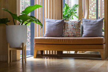 Bangkok, Thailand, Jul 03, 2020 : Cozy space for living room. Relaxing space in condominuim common area. Selective focus.