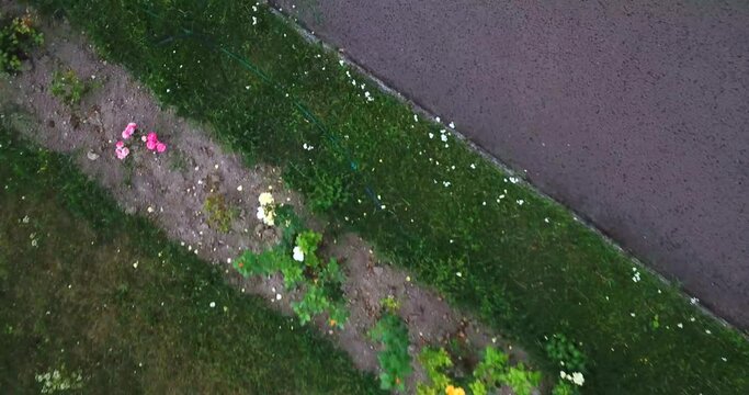 Unstable, excessively abrupt, inconsistent camera movement video. Drone falls on pavement, Failed drone broken down to the ground. Error, technical problem with electronics. Signal loss. Real view.