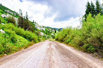 Fototapeta na wymiar Albion Basin, Utah summer with dirt road in summer in Wasatch mountains leading to trails hiking and campground with nobody and cloudy sky