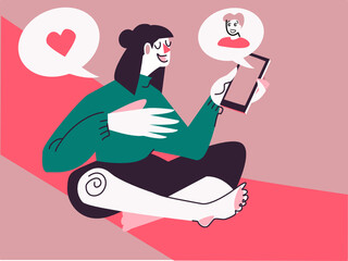 Cute illustration of young white girl have video call with her boy friend on mobile phone. Social distancing communication in lockdown with modern technologies. Online lesson with teacher