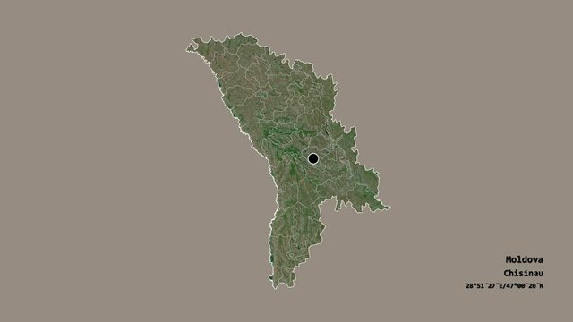 Drochia, district of Moldova, with its capital, localized, outlined and zoomed with informative overlays on a satellite map in the Stereographic projection. Animation 3D