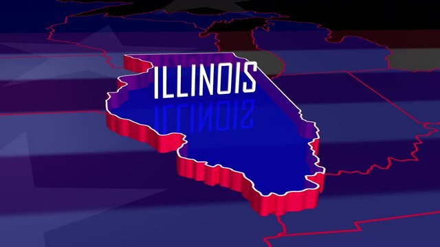 Graphic fly into Illinois on colorful animated map of the United States of America.