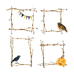 Watercolor autumn frame branches. Vector illustration leaves.