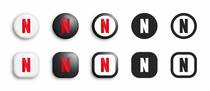 Netflix Vector Icons Set In Modern 3D And Black Flat Style Isolated On White Background. Popular American Entertainment Company, Provider Of Movies, TV Series Based On Streaming Media Netflix Logo