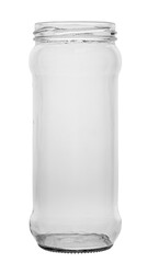 Empty glass jar without cover isolated on white background.