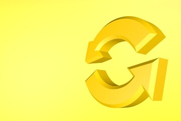 Yellow Reload icon isolated on yellow background. Refresh symbol. Rotation arrows in a circle. Minimalistic concept with copy space. 3d render illustration