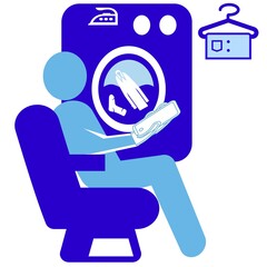 silhouette of man in armchair with smart phone in hand against of background with washing machine imitating a porthole 