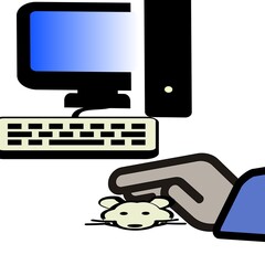 Hand of administrator on cartoon rat head with blurred computer monitor and system unit beside keyboard on background