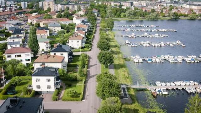 Areal shot of marieberg area close to mariebergsskogen and karlstad beach , on v&auml;nern lake in the city of karlstad, sweden