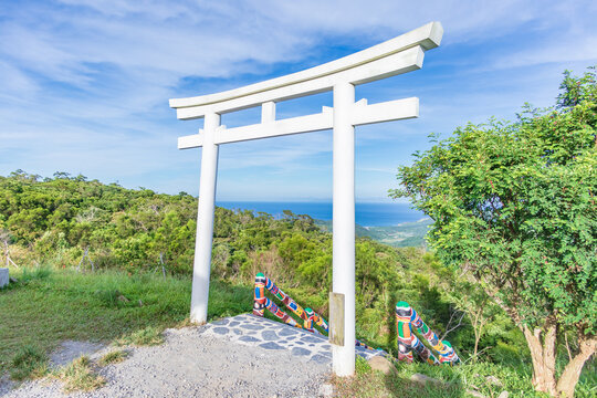White Torri gate With beautiful Ocean view in Gaoshi Shrine Park, Pingtung, Taiwan