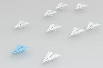 Blue paper plane white ones on white background, 3d rendering.