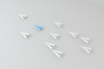 Blue paper plane white ones on white background, 3d rendering.