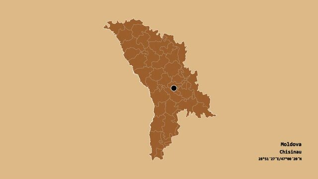 Transnistria, territorial unit of Moldova, with its capital, localized, outlined and zoomed with informative overlays on a solid patterned map in the Stereographic projection. Animation 3D