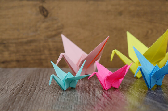 Closeup of origami paper cranes