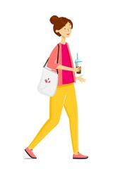 Young smiling girl walking with a cup of iced coffee and eco shopping bag. Summer vector illustration