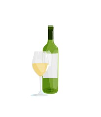 Vector illustration of white wine bottle and wine glass for web, infographics, design.