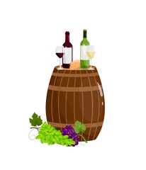 Wine testing concept. Wooden Barrel, wine glasses, red and whte wine, cheese, grape bunches. Vector illustration
