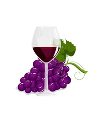 Vector illustration of red wineglass, and bunch of purple grapes for infographics, design, web.