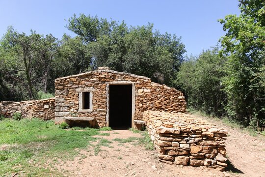 Old and typical stone hut called caborne in French language in Saint Cyr au Mont d'or, France