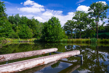 Fototapeta na wymiar Small fishing lake in a rural area with blue sky