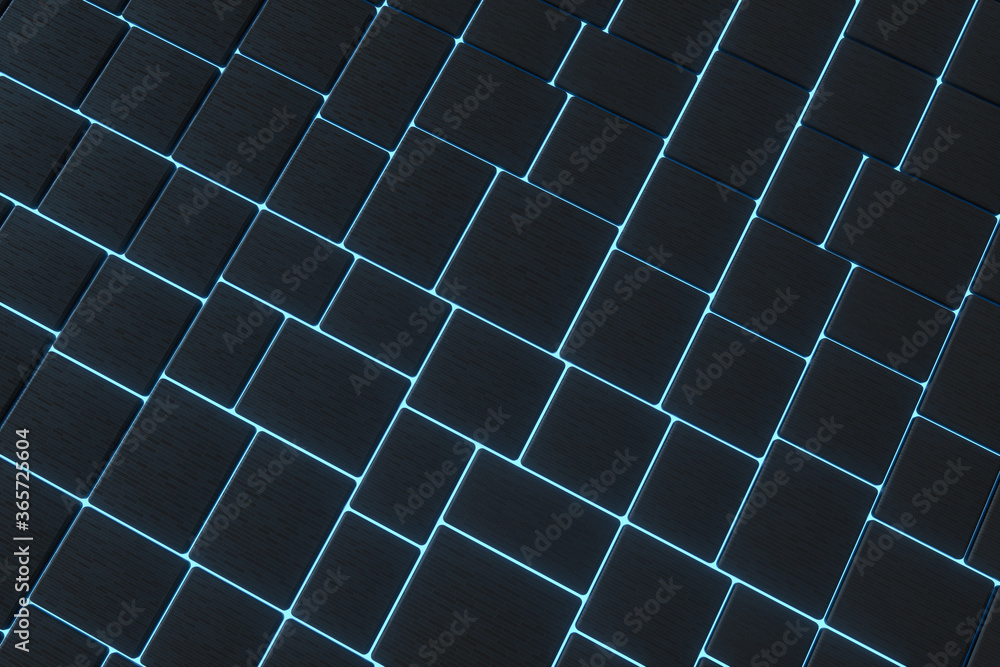 Poster tile cubes with glowing lines gap, 3d rendering.