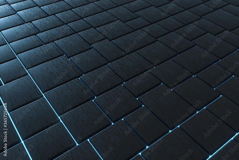 Poster tile cubes with glowing lines gap, 3d rendering.
