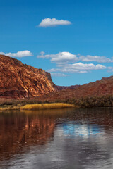Fototapeta na wymiar Clear day at the Colorado river bank near Lees Ferry landing, Page, AZ, USA