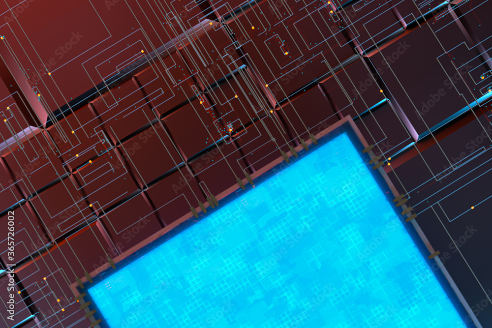 Aufkleber circuit with glowing lines with dark background, 3d rendering.