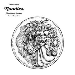 Noodles or pasta hand drawn sketch. Top view vector illustration. Italian pasta. Engraved style. Black and white illustration. Noodles in bowl.
