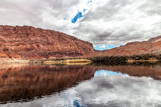 Tiny part of the blue sky manages to show up in this thick cloudy day, Lees Ferry landing, Page, AZ, USA