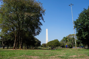 Sao Paulo obelisk, at Ibirapuera park, and people enjoying the day