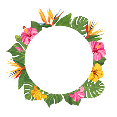 Fototapeta na wymiar Tropical flowers frame. Hibiscus and strelitzia floral border with place for text. Vector illustration.