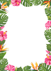 Tropical flowers frame. Hibiscus and strelitzia floral border with place for text. Vector illustration.