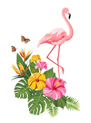 Pink flamingo with tropical flowers and butterflies. Summer floral composition with flamingo. Vector illustration.