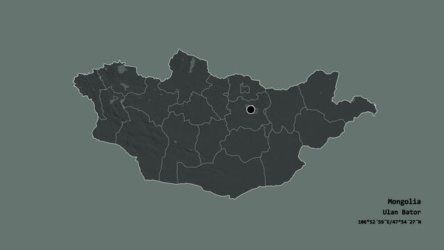 Hovd, province of Mongolia, with its capital, localized, outlined and zoomed with informative overlays on a administrative map in the Stereographic projection. Animation 3D