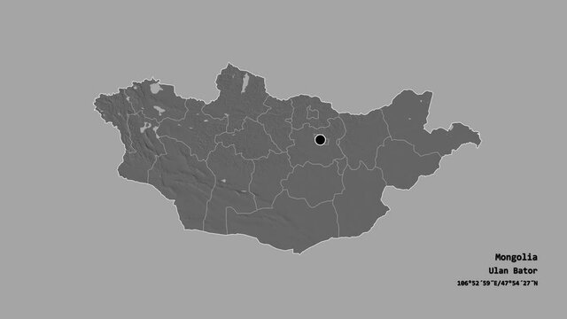 Hovd, province of Mongolia, with its capital, localized, outlined and zoomed with informative overlays on a bilevel map in the Stereographic projection. Animation 3D